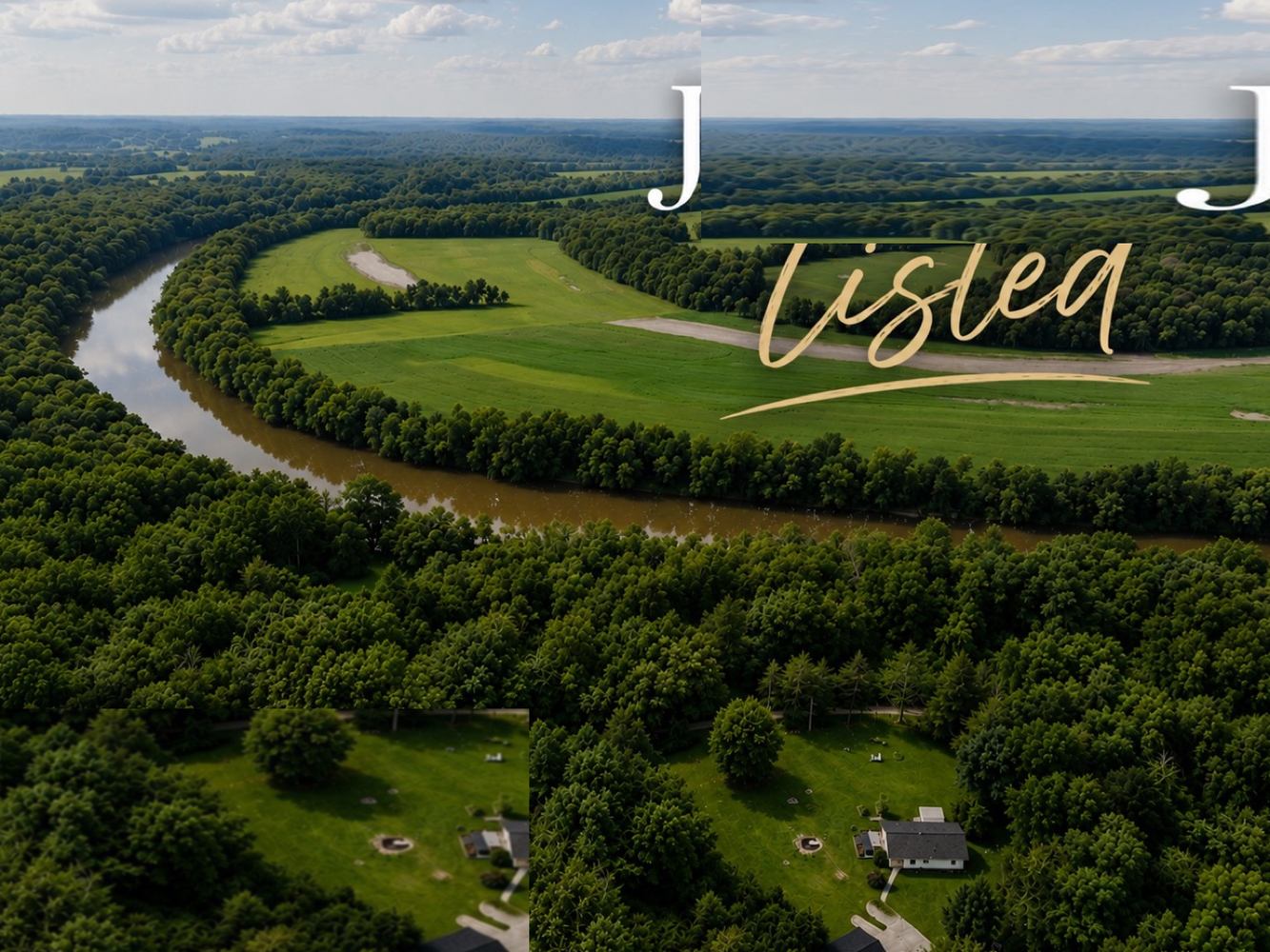 Aerial view of a rural river bend, farmland, and forest near Bloomington, Indiana