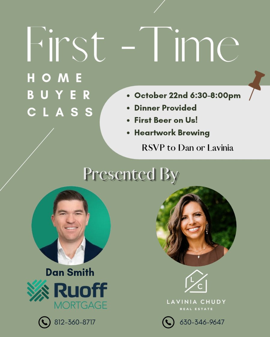 First-Time Home Buyer Class flyer with Lavinia Chudy and Dan Smith of Ruoff Mortgage