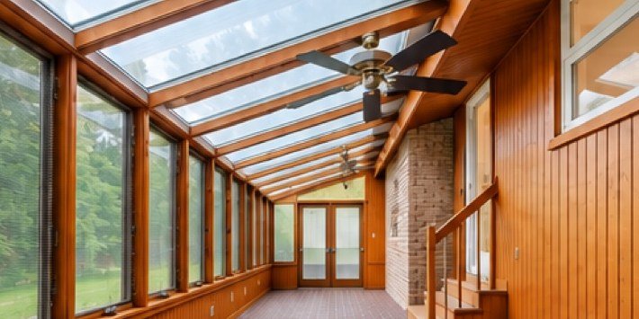 Sunroom with wood paneling and glass ceiling at 2202 S Belhaven Ct in Bloomington, Indiana